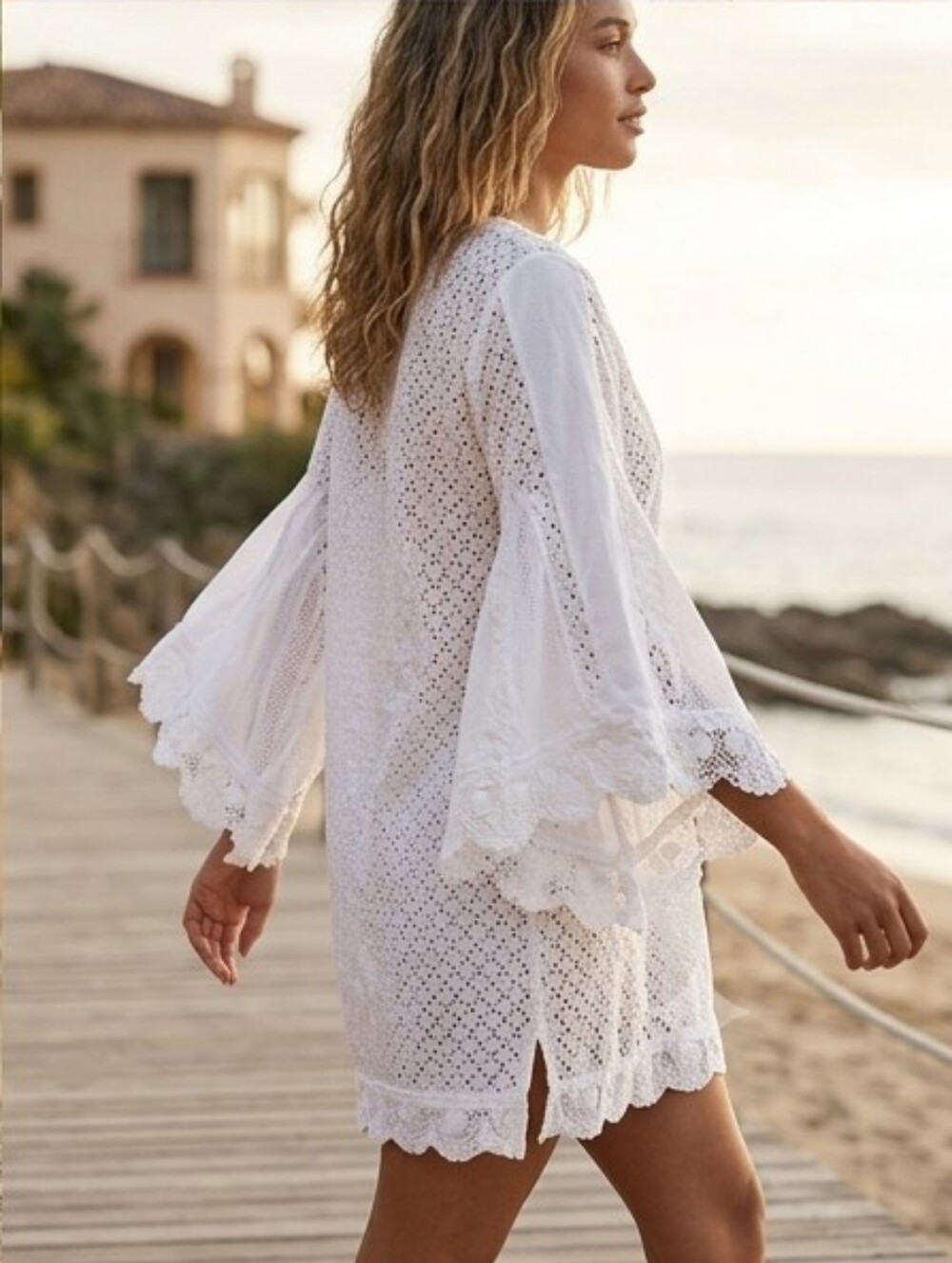 VMT Los Angeles White Eyelet Lace Tunic Dress Bell Sleeve Coverup S/M - Picture 2 of 7